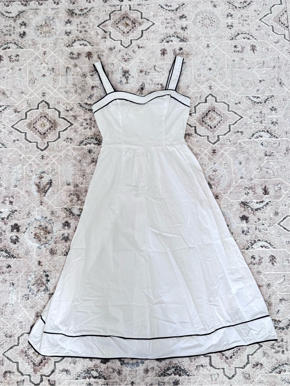 H&M White Midi Dress with Navy Blue Trim